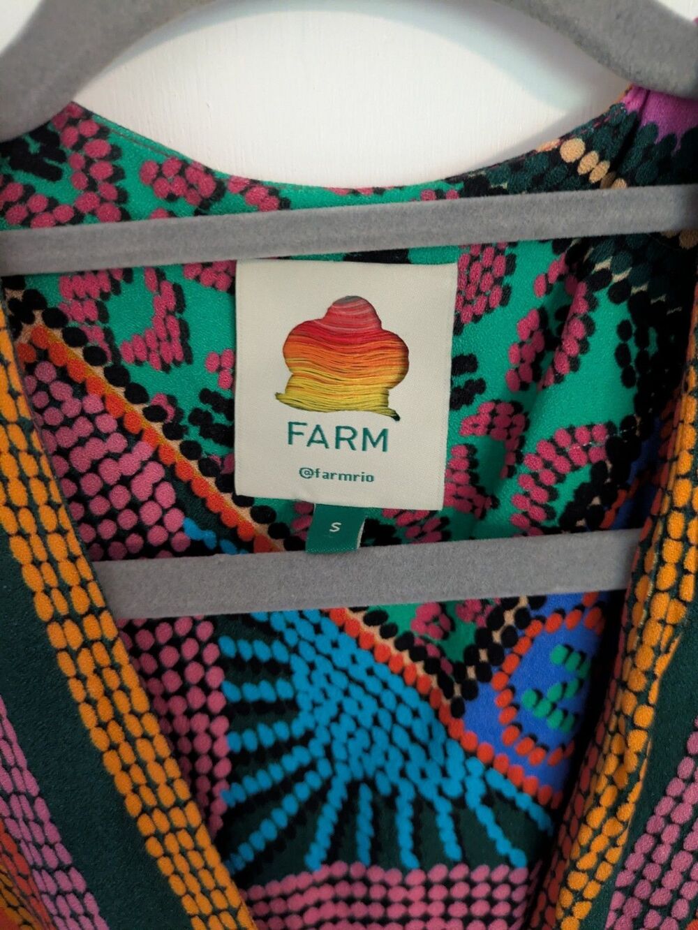 Farm Rio Dotted Patch Scarf Mini Wrap Dress S Orange Multi Boho Tassel New - Picture 8 of 13